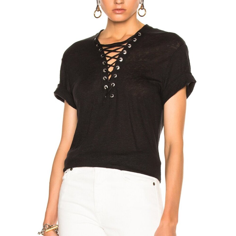 IRO Shirt Womens XS Black Imis Linen Lace Up Grommet VNeck Short Sleeve Portugal